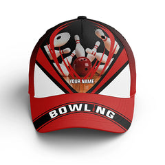Macorners Custom name Red and black Bowling Hat, Bowling Baseball Cap For Men, Women, Bowling Team Bowler Gift