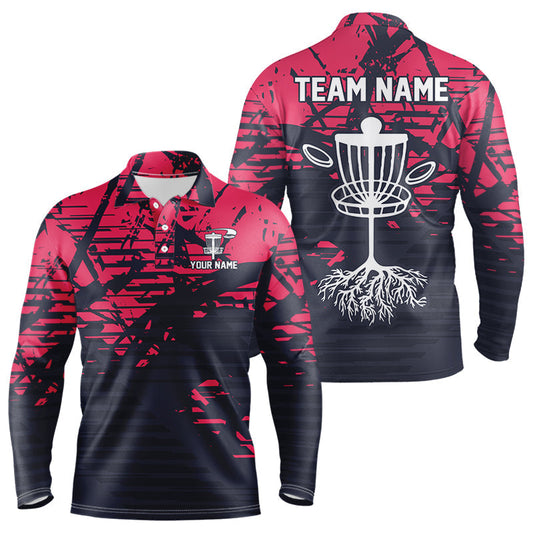 Maxcorners Pink and navy Camo Mens Disc golf polo shirts Custom team disc golf apparelMT0306