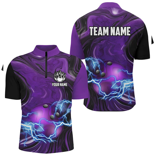 Maxcorners Bowling Ball And Pins Purple Camo Lightning Thunder  Customized Name, Team Name 3D Polo Shirt Unisex