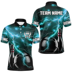 Maxcorners Cyan Blue Lightning Thunder Black Bowling Polo, 1/4 zip Shirt for Men custom bowling team jerseys LM2408