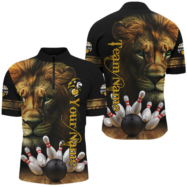 Maxcorners Lion Bowling Polo, Quarter Zip Shirts Custom Bowling League Shirt Bowling Team Jerseys Outfits