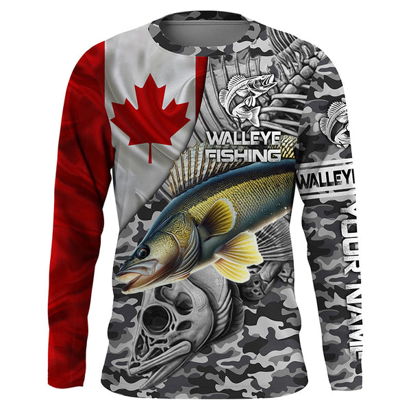 Maxcorners Canadian Flag Walleye Ice Fishing camo Custom long sleeve performance Walleye Fishing shirt jerseys