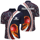 MaxCorners Bowling And Pins Camo Flame Ball Fire Customized Name, Team Name 3D Stand Collar Zipper Polo Shirt For Men