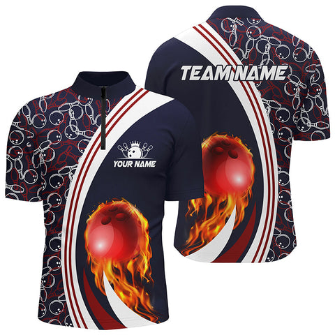 MaxCorners Bowling And Pins Camo Flame Ball Fire Customized Name, Team Name 3D Stand Collar Zipper Polo Shirt For Men