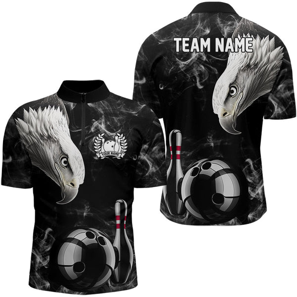 Maxcorners Personalized Black Eagle Smoke Bowling Polo, Quarter Zip Shirts Custom Bowling Team Jerseys