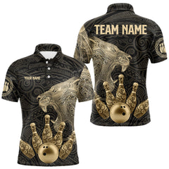 Maxcorners Black and Gold Lion Tribal Bowling Polo, 1/4 Zip Shirts For Men Custom Retro Bowling Team Jerseys TU2511