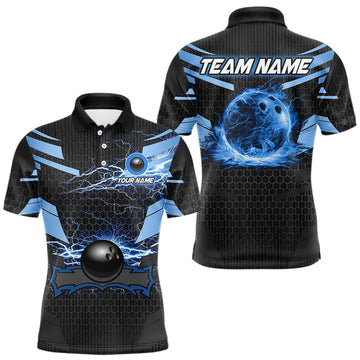 Maxcorners Black and Blue Lightning Thunder Bowling Shirts For Men Custom Bowling Team Jerseys, Gift For Bowlers