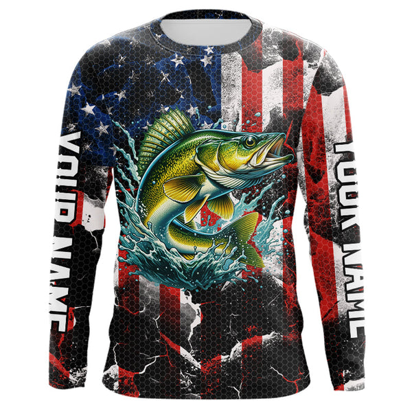 Maxcorners Walleye fishing black American flag Custom UV protection performance long sleeve fishing jerseys MT2108