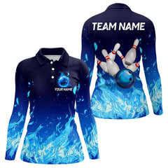 Maxcorners Blue Flame Fire Bowling Polo, Quarter Zip Shirts for Women Custom Bowling Team jerseys, Bowling Outfit