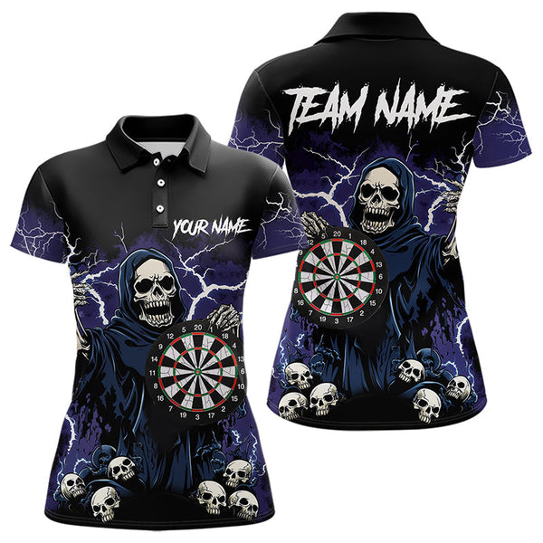 Maxcorners Purple Lightning Thunder Skull Darts Polo, Quarter zip Shirts For Men Custom Team Darts Jersey Outfit