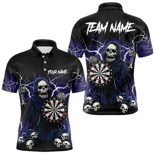 Maxcorners Purple Lightning Thunder Skull Darts Polo, Quarter zip Shirts For Men Custom Team Darts Jersey Outfit