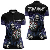 Maxcorners Purple Lightning Thunder Skull Darts Polo, Quarter zip Shirts For Men Custom Team Darts Jersey Outfit