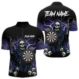 Maxcorners Purple Lightning Thunder Skull Darts Polo, Quarter zip Shirts For Men Custom Team Darts Jersey Outfit