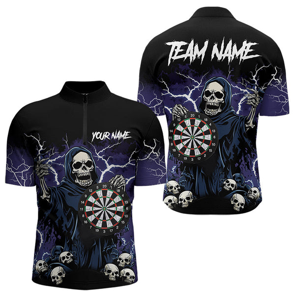 Maxcorners Purple Lightning Thunder Skull Darts Polo, Quarter zip Shirts For Men Custom Team Darts Jersey Outfit