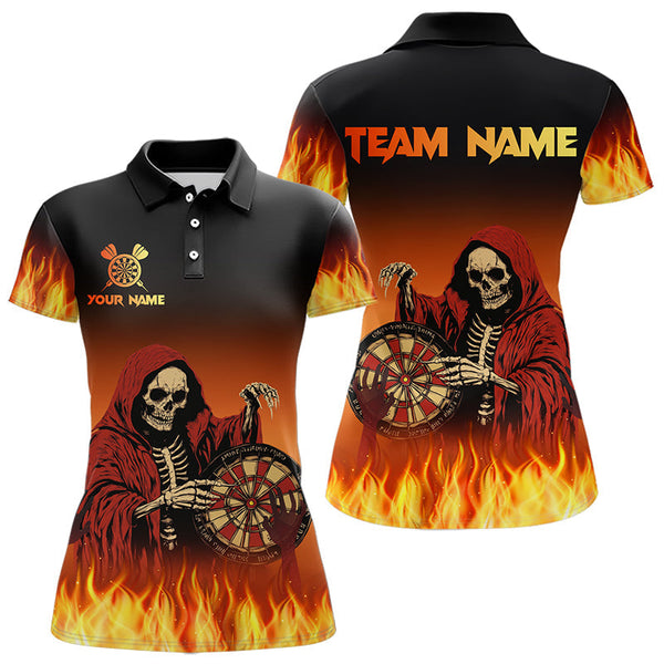 Maxcorners Flame Skull Reaper Darts Polo, Quarter zip Shirts For Men Custom Team Darts Jersey Outfit