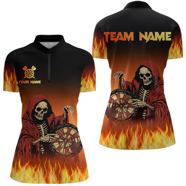 Maxcorners Flame Skull Reaper Darts Polo, Quarter zip Shirts For Men Custom Team Darts Jersey Outfit