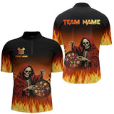 Maxcorners Flame Skull Reaper Darts Polo, Quarter zip Shirts For Men Custom Team Darts Jersey Outfit