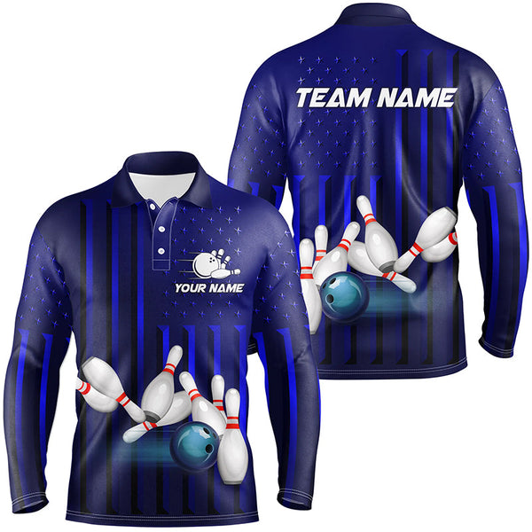 Maxcorners Blue American Flag patriotic Bowling Polo, 1/4 Zip Shirts, custom team bowling shirts