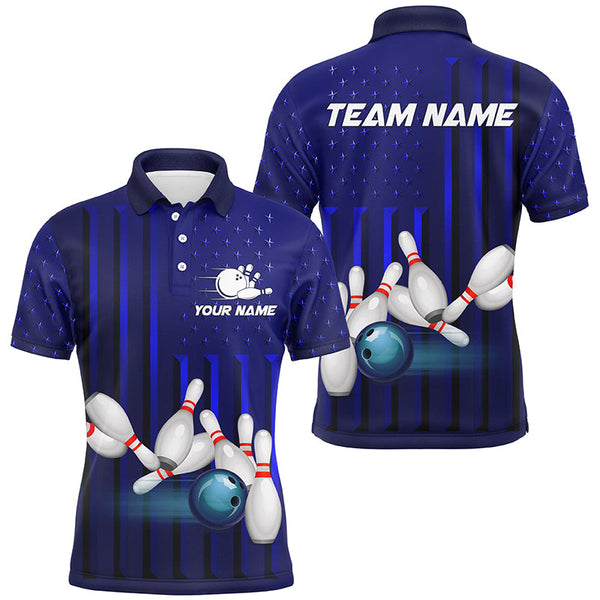 Maxcorners Blue American Flag patriotic Bowling Polo, 1/4 Zip Shirts, custom team bowling shirts