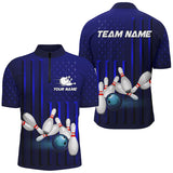 Maxcorners Blue American Flag patriotic Bowling Polo, 1/4 Zip Shirts, custom team bowling shirts