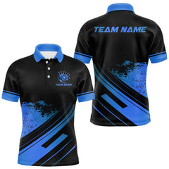 Maxcorners Custom Black And Blue Bowling Team Polo, Quarter-Zip Shirts For Men, Personalized Bowling Jerseys LM2408