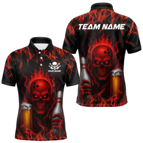 Maxcorners Red Skull and Beer Bowling shirts with flames Custom Bowling Polo, 1/4 Zip bowling outfits for men TU2310