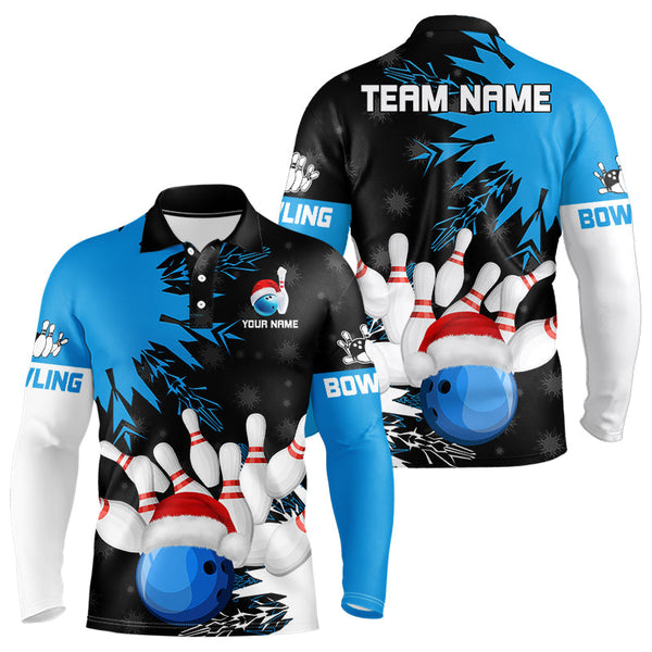 Maxcorners Christmas Bowling Polo, Quarter Zip Shirts Custom Christmas Bowling Team Jerseys | Blue