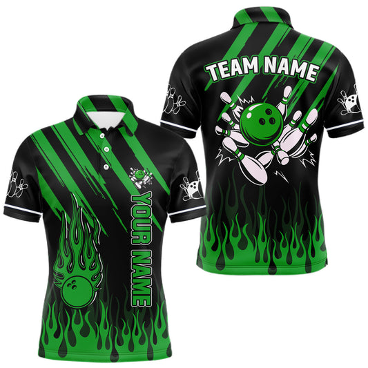 Maxcorners Black and Green Flame Retro Bowling Polo, 1/4 Zip Shirt for Men Custom Vintage Team Bowling Jersey LM2602