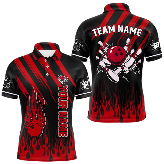 Maxcorners Black and Red Flame Retro Bowling Polo, 1/4 Zip Shirt for Men Custom Vintage Team Bowling Jersey LM2602