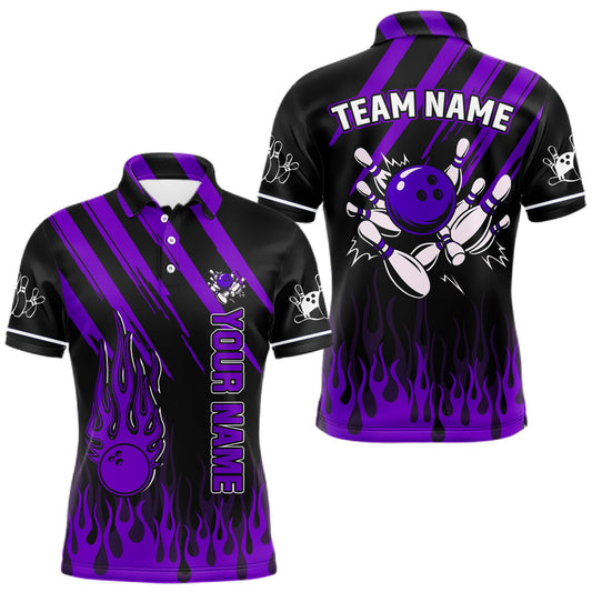Maxcorners Black and Purple Flame Retro Bowling Polo, 1/4 Zip Shirt for Men Custom Vintage Team Bowling Jersey LM2602