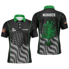Maxcorners Green black American flag Mens disc golf polo shirt custom name, number patriotic disc golf jersey MT0510