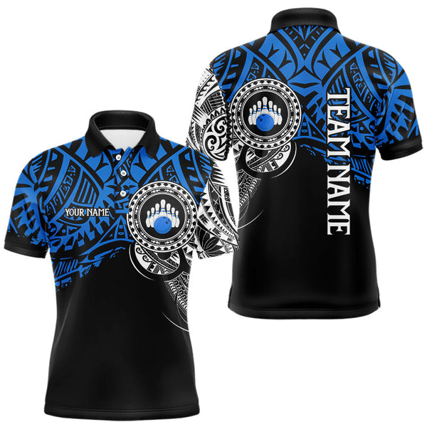 Maxcorners Personalized Black and Blue Tribal pattern Mens Bowling Shirts Custom Team Bowling outfit for men MT2709