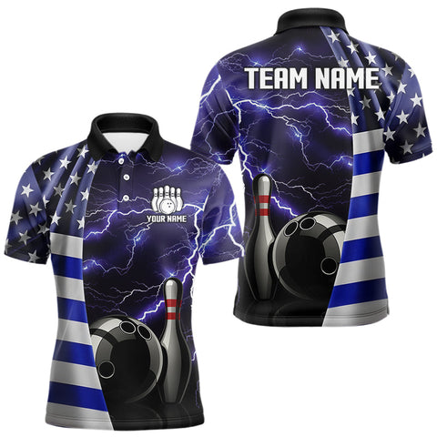 Maxcorners Blue Lightning Thunder American Flag Bowling Shirts For Men Custom patriotic team bowling jerseys MT2510