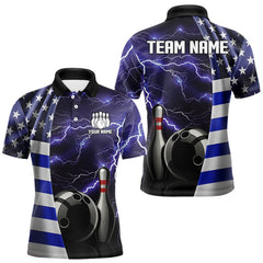 Maxcorners Blue Lightning Thunder American Flag Bowling Shirts For Men Custom patriotic team bowling jerseys MT2510