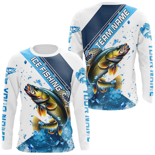 Maxcorners Personalized Blue Ice Walleye Ice Fishing Shirts Custom Walleye Long Sleeve Fishing Jersey for Team MT2108