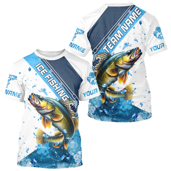 Maxcorners Personalized Blue Ice Walleye Ice Fishing Shirts Custom Walleye Long Sleeve Fishing Jersey for Team MT2108