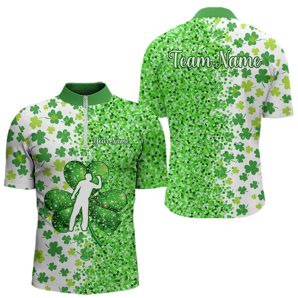 Maxcorners Green Glitter Shamrock Clover Darts Shirts For Men Custom St Patrick Day Darts Team Jersey