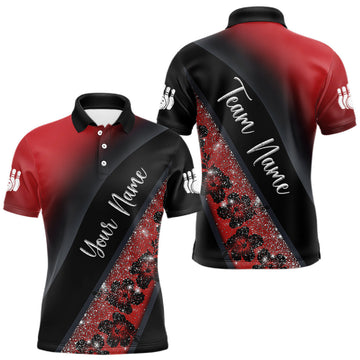 Maxcorners Black and Red Glitter Flower Bowling Polo, Quarter Zip Shirt for Men Custom Bowling Team Jerseys LM2602