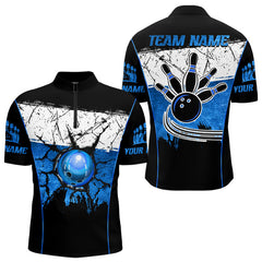 Maxcorners Black, White and Blue Retro broken Bowling ball Polo, 1/4 Zip Shirt For Men Custom Bowling Team Shirts LM263