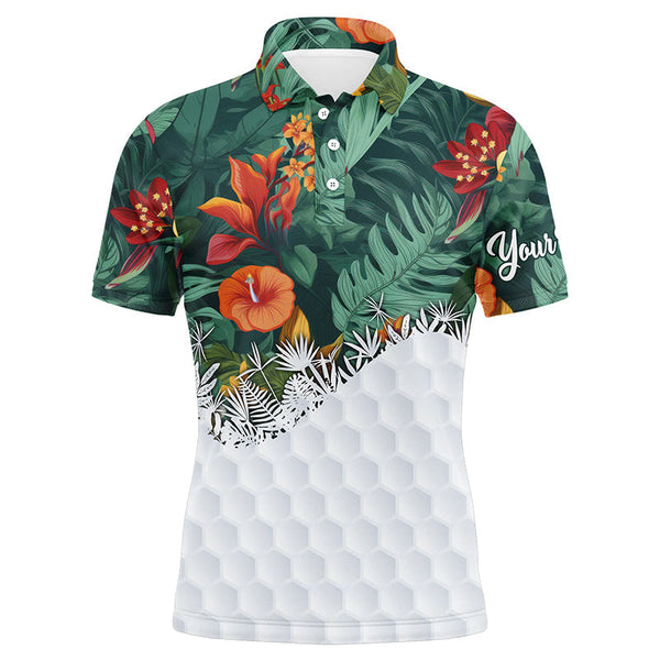 MaxCorners Golfs Green Tropical Plants And Flowers Pattern Customized Name 3D Polo Shirt For Men