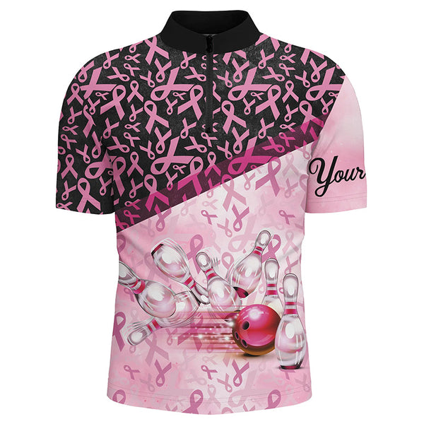 Maxcorners Bowling Ball And Pins Pink And Black Ribbon Pattern Customized Name, Team Name 3D Polo Shirt Unisex