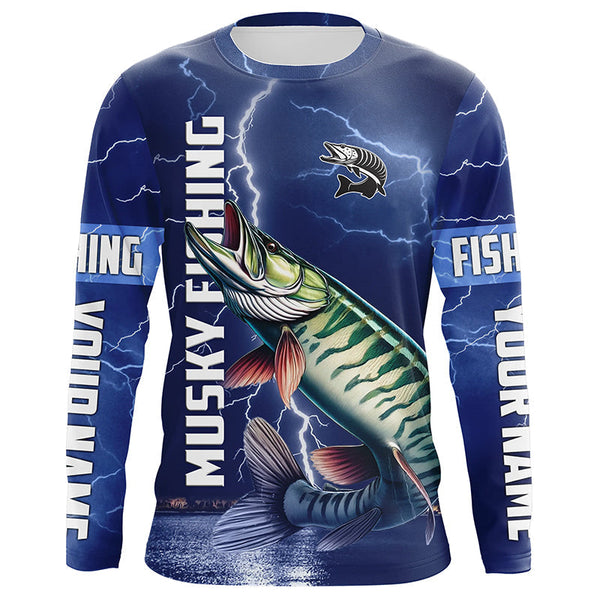 Maxcorners Musky Fishing blue lightning jerseys custom performance Long Sleeve Muskie tournament fishing shirts MT2108