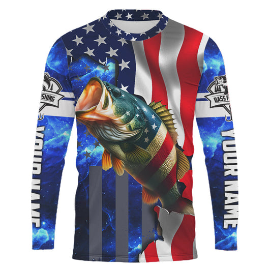 Maxcorners Bass Fishing American Flag patriotic UV protection Custom name long sleeves fishing shirt for men LM0501