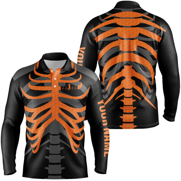 Maxcorners Black and orange Mens golf polo shirts custom golf heartbeat Skeleton Halloween golf attire for men