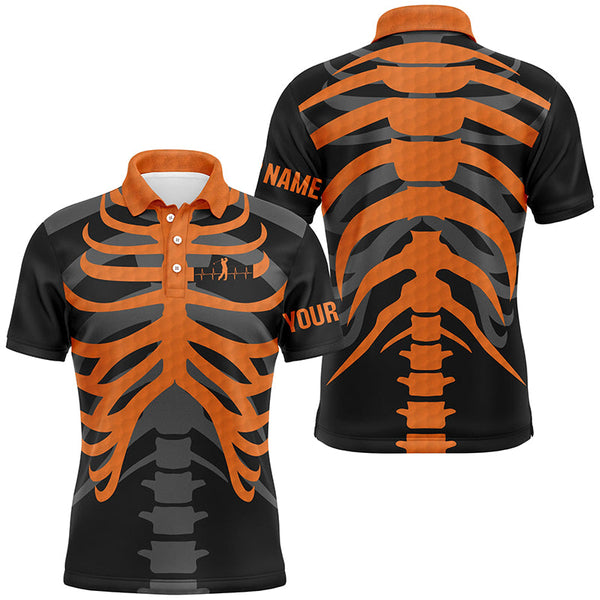 Maxcorners Black and orange Mens golf polo shirts custom golf heartbeat Skeleton Halloween golf attire for men