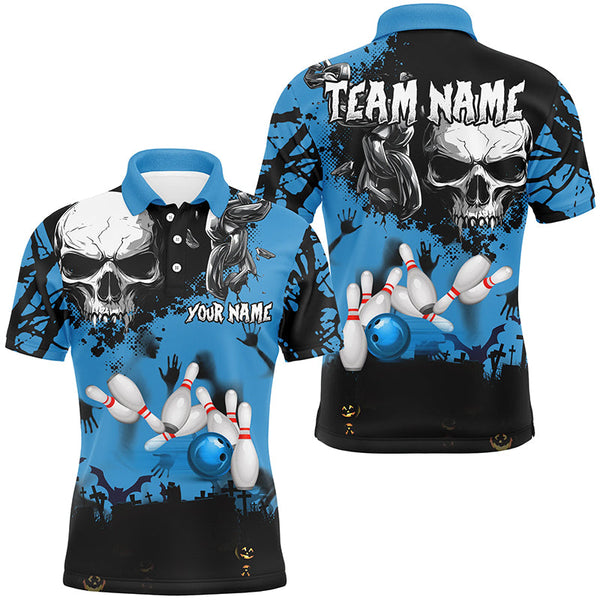 Maxcorners Skull Bowling Shirts Custom Halloween Bowling Team League Jerseys, Gift For Bowlers | Blue