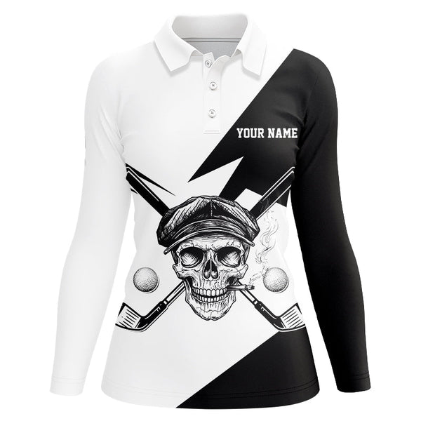 Maxcorners Black and White Skull golf clubs Women golf polo shirt custom Skull golf tops personalized golf gifts