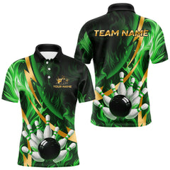 Maxcorners Personalized Bowling Polo, Quarter Zip Shirts for Men Custom Green Flame and Gold Bowling Team Jersey TU2511