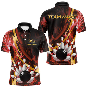 Maxcorners Personalized Bowling Polo, Quarter Zip Shirts for Men Custom Red Flame and Gold Bowling Team Jersey