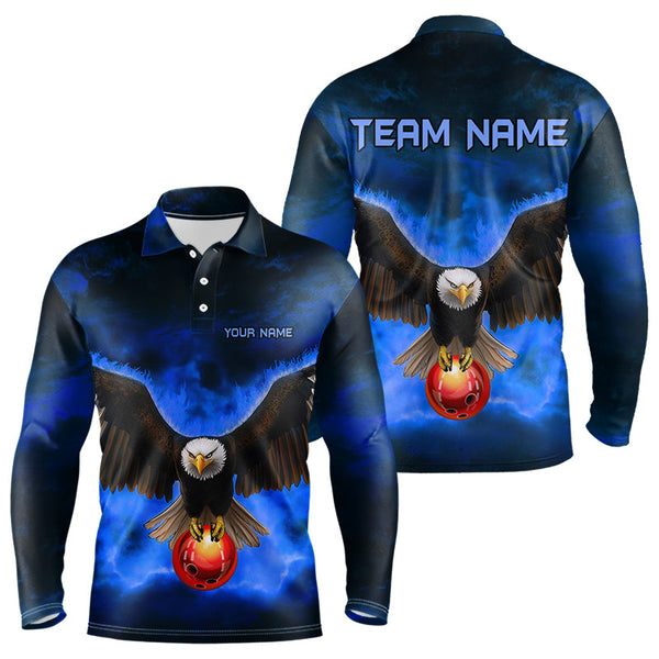 Maxcorners Personalized Blue Flame Eagle Custom Bowling Team Shirts For Mens, Fire Eagle Bowling League Jersey